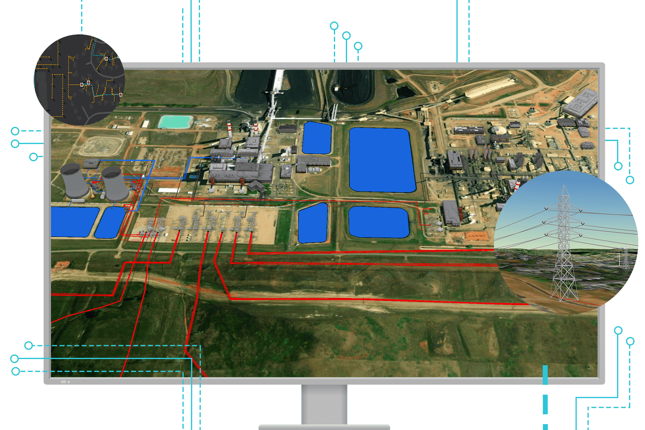 Ein Computerbildschirm, auf dem ein 3D-Bild einer großen Anlage, Wasser und rote Linien, die eine Wasserverteilungseinrichtung darstellen, zeigt