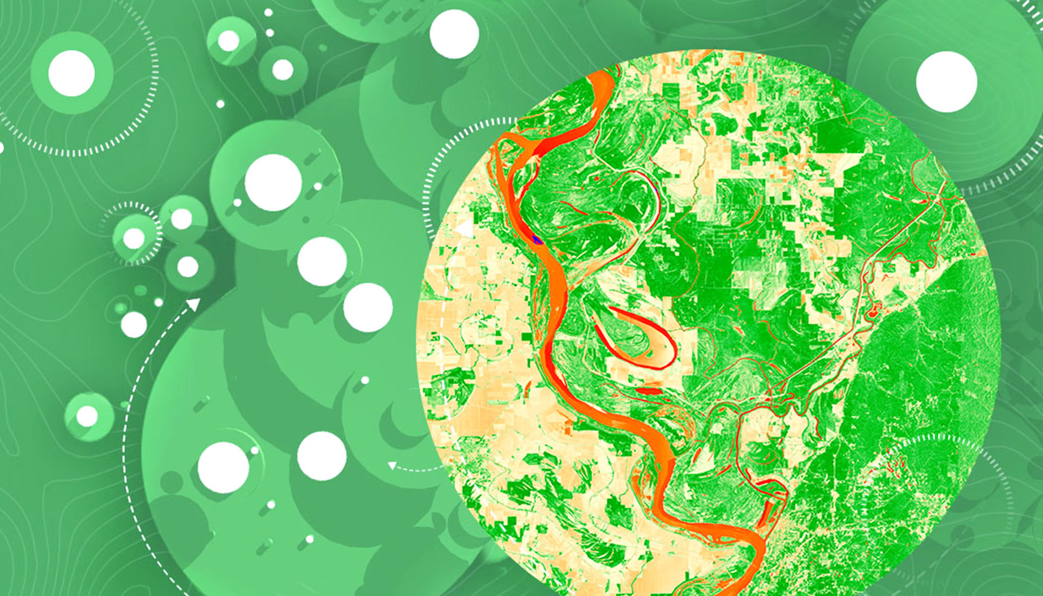 Eine digitale Karte eines Flusssystems, das sich durch eine Landschaft schlängelt, wobei verschiedene Bereiche in grün, orange und rot dargestellt sind