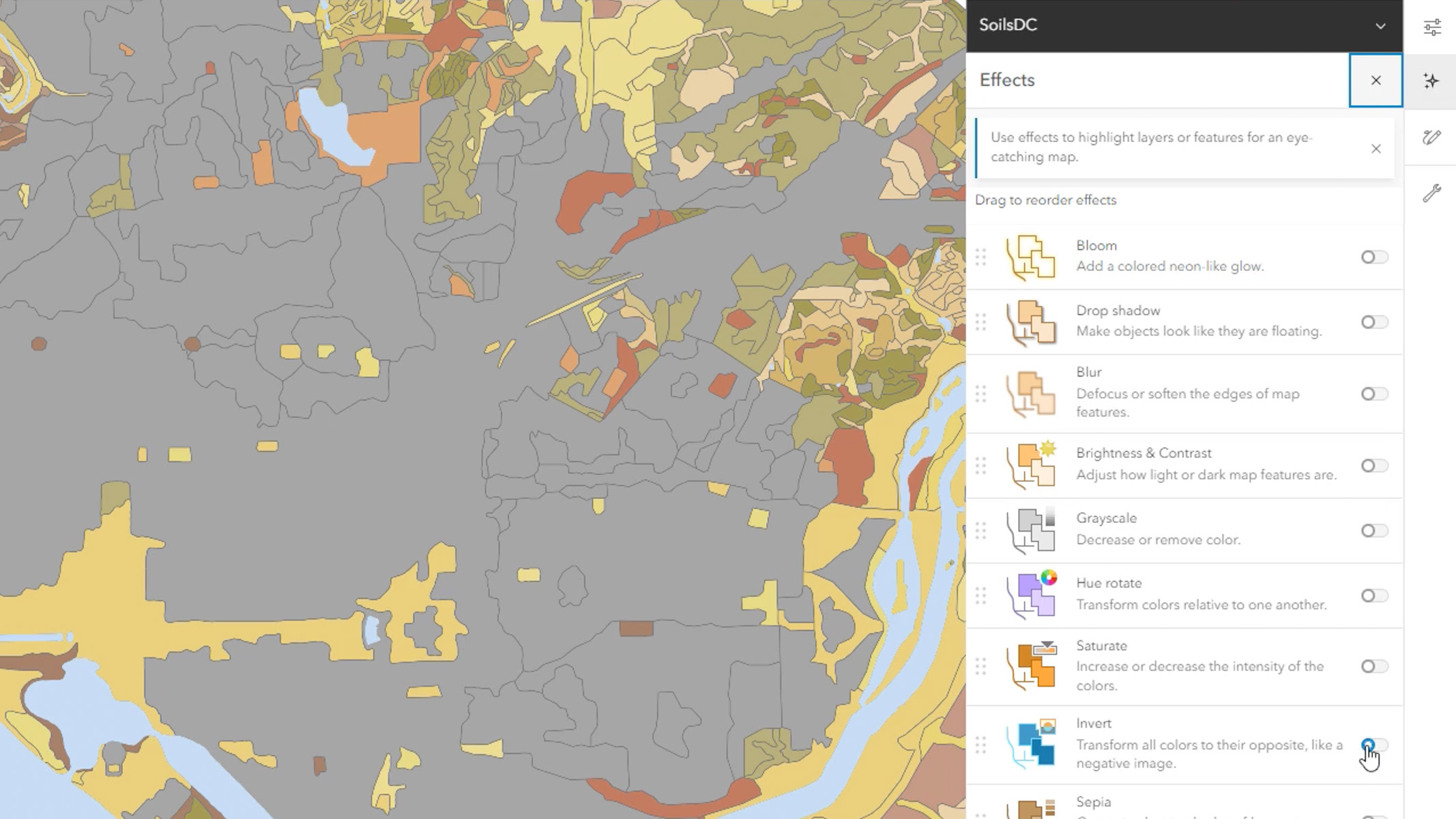 Eine Karte, auf der die Bodentypen dargestellt sind, wobei die verschiedenen Gebiete in unterschiedlichen Farben geschummert sind.