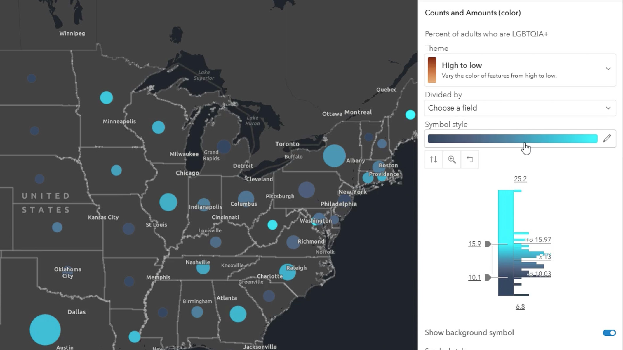 Eine Karte des Ostens der Vereinigten Staaten und des Südostens Kanadas, die den Prozentsatz der Erwachsenen zeigt, die sich als LGBTQIA+-Personen betrachten.