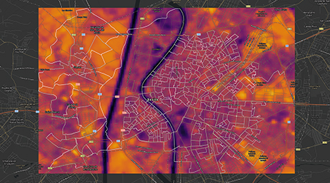 Karte in Graustufen, überlagert von einer anderen Karte, in der verschiedene Bereiche violett, orange und rosa schattiert sind