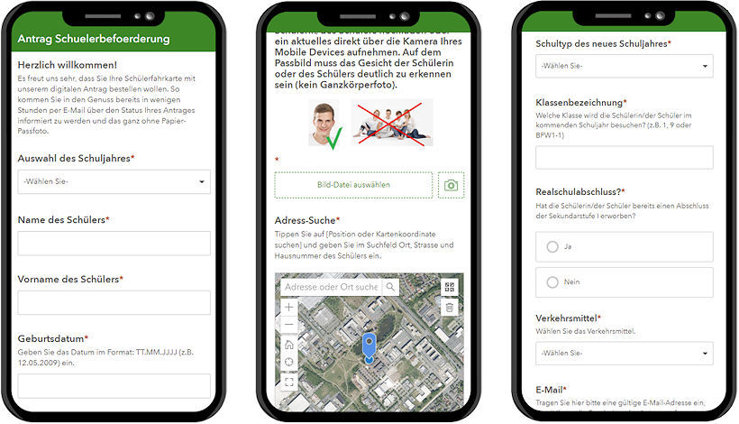 Drei Screenshots eines Smartphones zeigen das digitale Antragsformular für die Schülerbeförderung im Landkreis Grafschaft Bentheim.