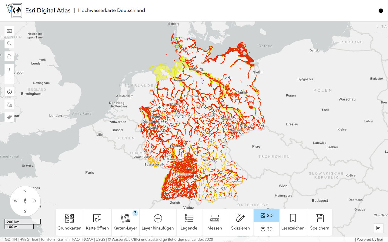 Hochwasserkarte Deutschland im Esri Digital Atlas